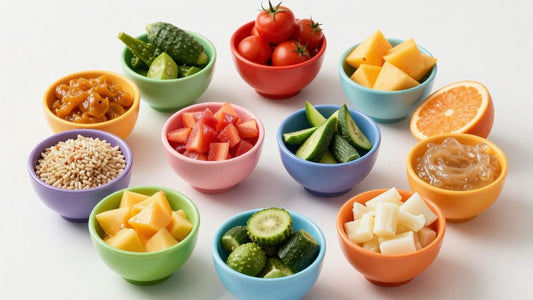 Platos de papillas para bebés con frutas y verduras frescas.