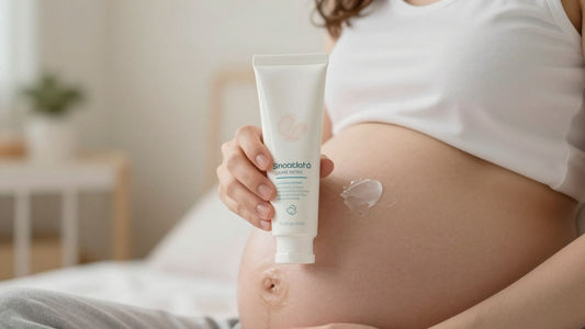 Mujer embarazada aplicando crema en su vientre.