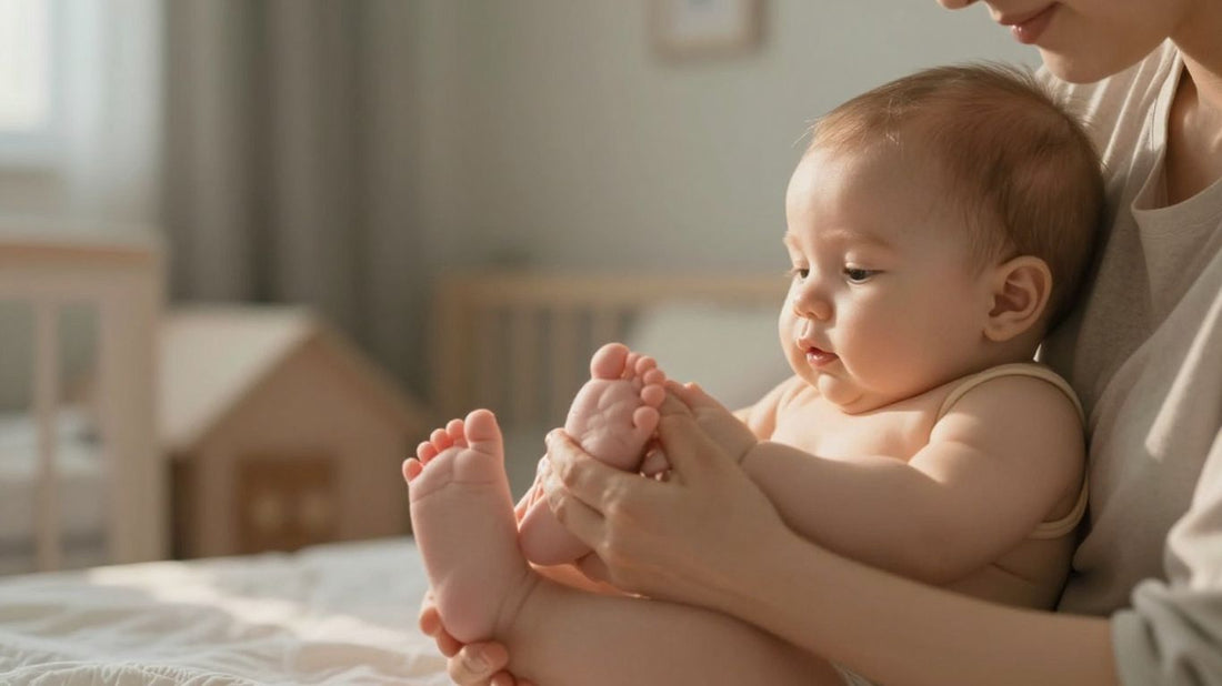 Madre masajeando los pies de su bebé con ternura.