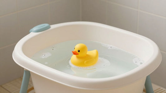 Baño para bebés con patito de goma flotando.