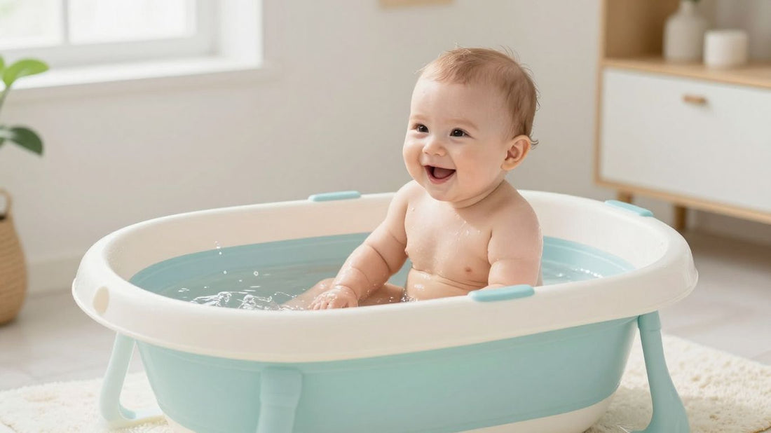 Bebé feliz en una bañera para bebés segura y cómoda.