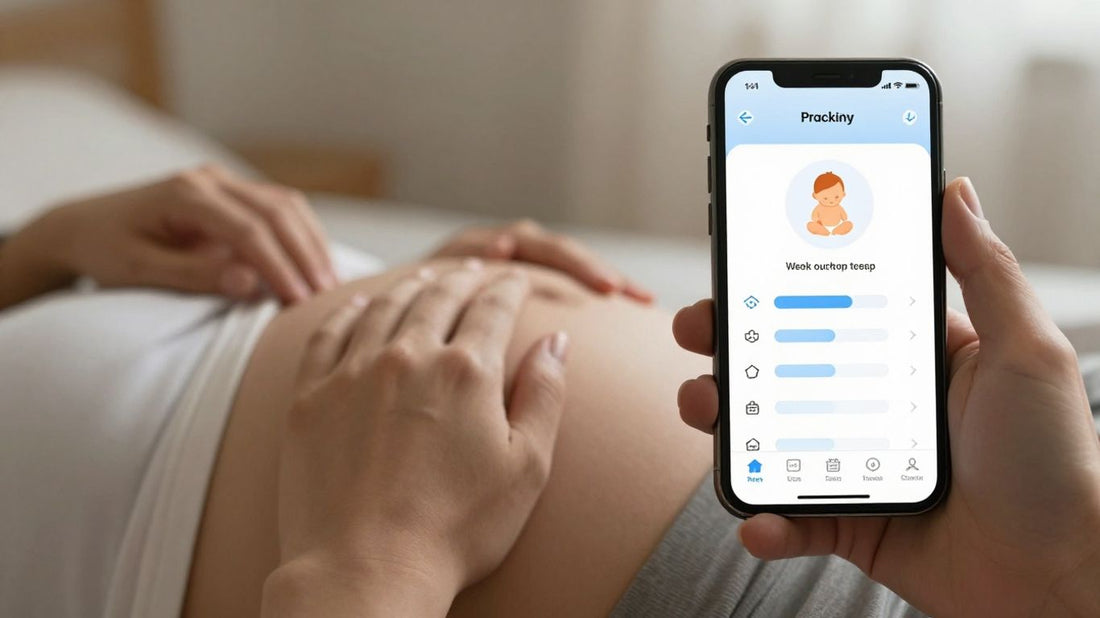 Mujer embarazada usando una app de seguimiento de embarazo.