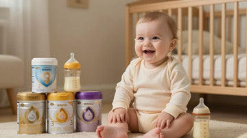 Bebé feliz con biberón y leche de fórmula en mesa.