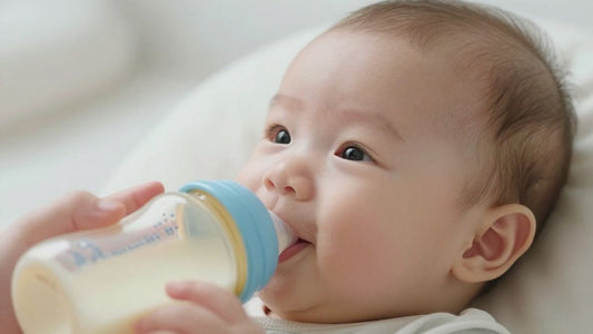 Bebé sonriendo con una botella de leche sin lactosa.