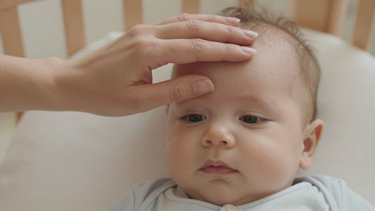 Padre tocando la frente de su bebé con fiebre.