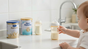 Latas de fórmula infantil y biberones en una cocina.