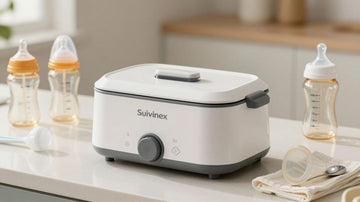 Esterilizador Suavinex con biberones y chupetes.