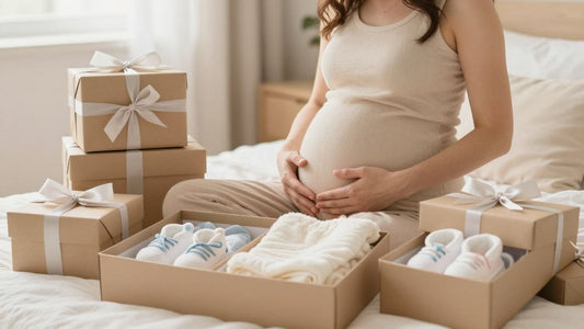 Regalos para futura mamá, mujer embarazada feliz.