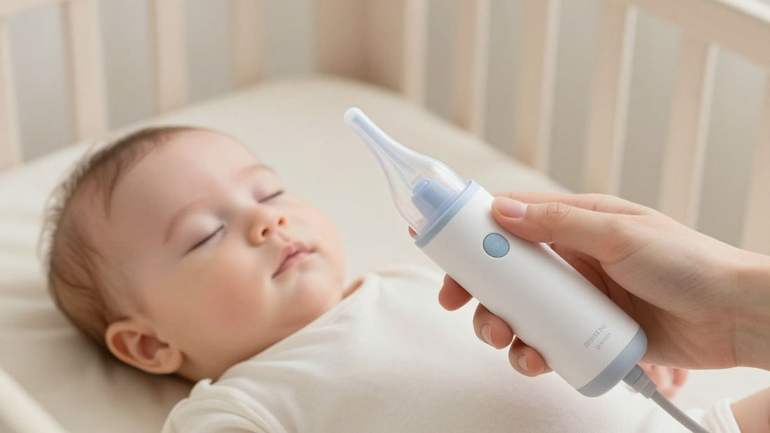 Bebé durmiendo con aspirador nasal cerca.