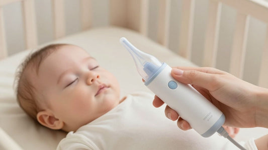 Bebé durmiendo con aspirador nasal cerca.