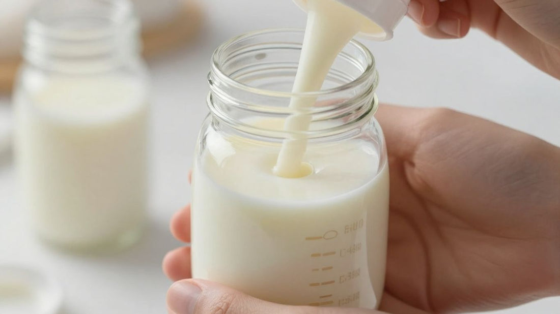 Botella de leche materna en manos cuidadosas.