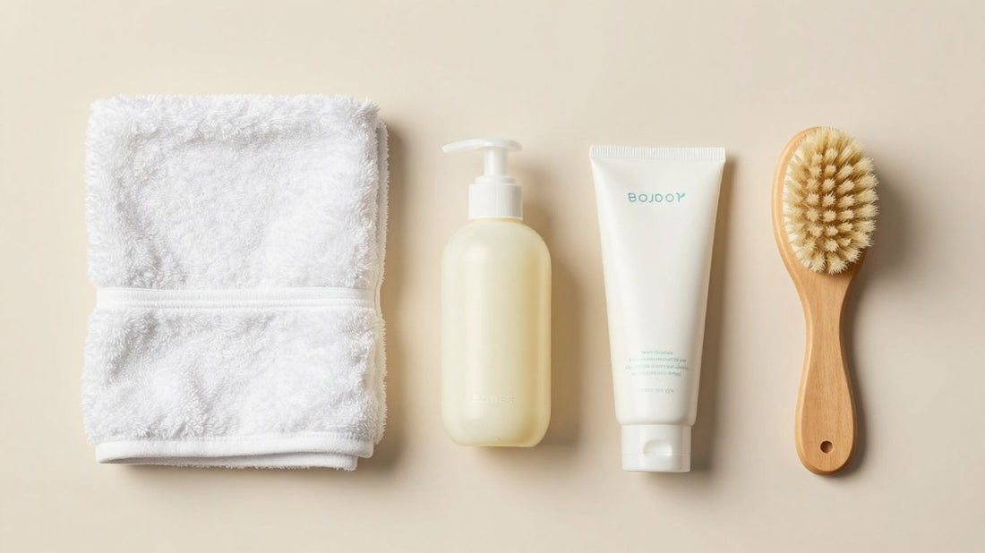 Kit de higiene para bebés con toalla, jabón, loción y termómetro.