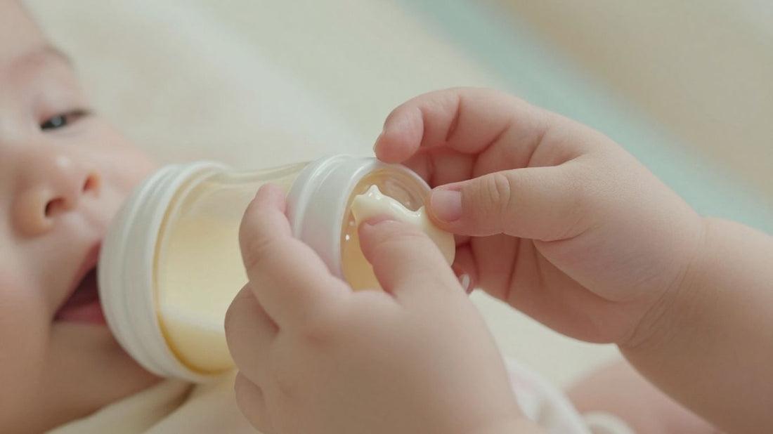 Bebé sosteniendo un biberón de leche de fórmula.