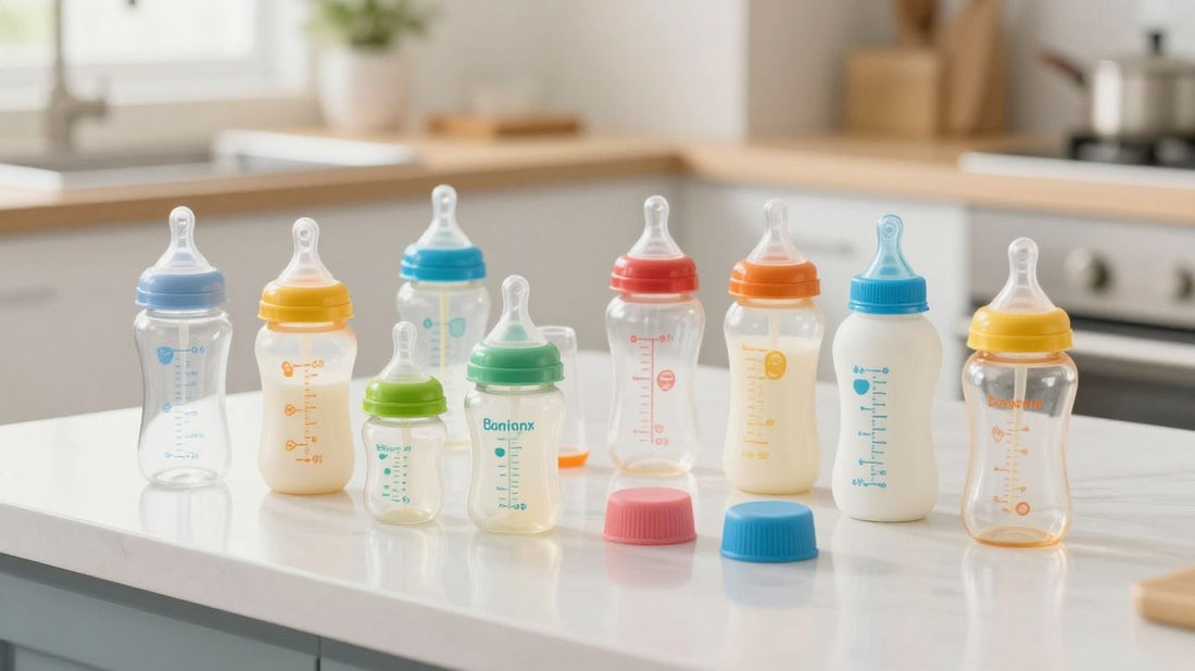 Botellas de leche para bebés de diferentes marcas y tamaños.