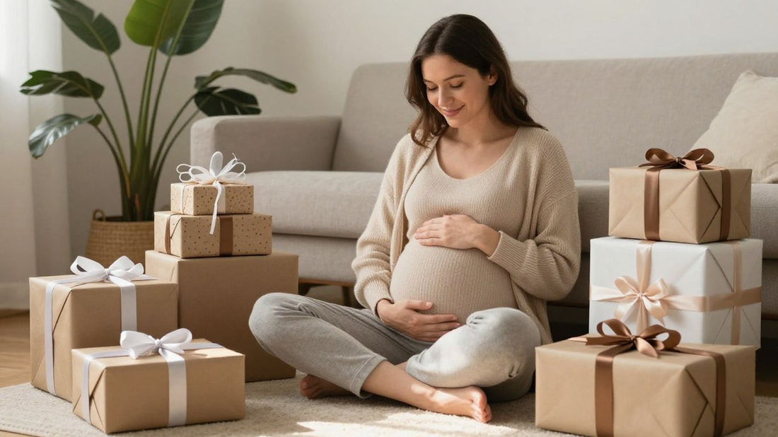 Mujer embarazada feliz con regalos, luz suave.