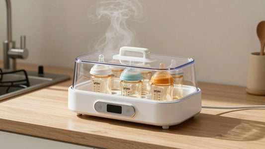Esterilizador de biberones moderno en una cocina limpia.