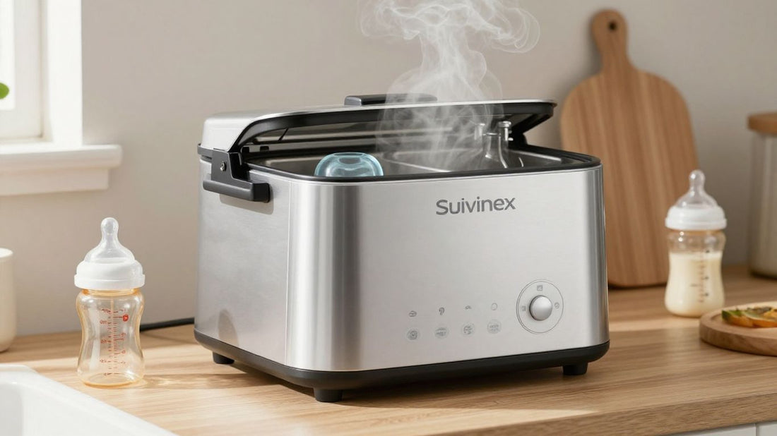 Esterilizador Suavinex con biberones y chupetes.