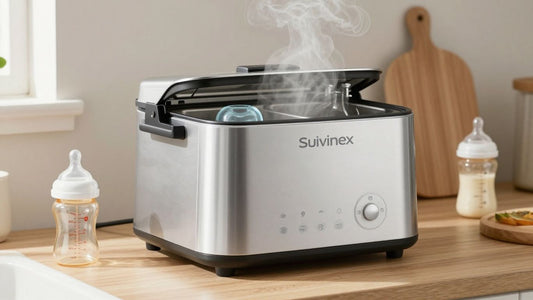 Esterilizador Suavinex con biberones y chupetes.