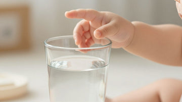 Bebé bebiendo agua de un vaso.