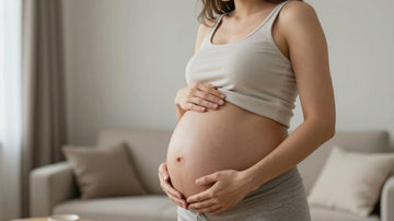 Mujer embarazada acariciando su vientre en casa tranquila.