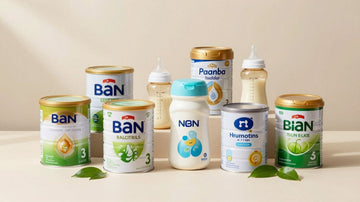 Latas y biberones de leche de fórmula para bebés.