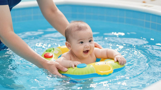 Bebé feliz entrando a la piscina con su padre.