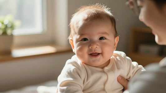 Bebé de 5 meses sonriendo en brazos de un adulto.