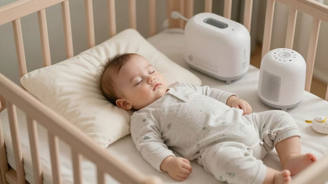 Bebé durmiendo plácidamente en una cuna con máquina de ruido blanco