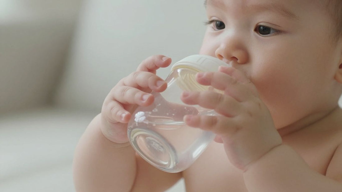 Bebé bebiendo agua de un vaso.