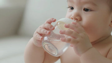 Bebé bebiendo agua de un vaso.