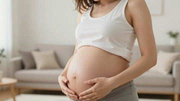 Mujer embarazada de 36 semanas acariciando su vientre.