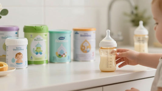 Latas de leche de fórmula para bebés y biberones.