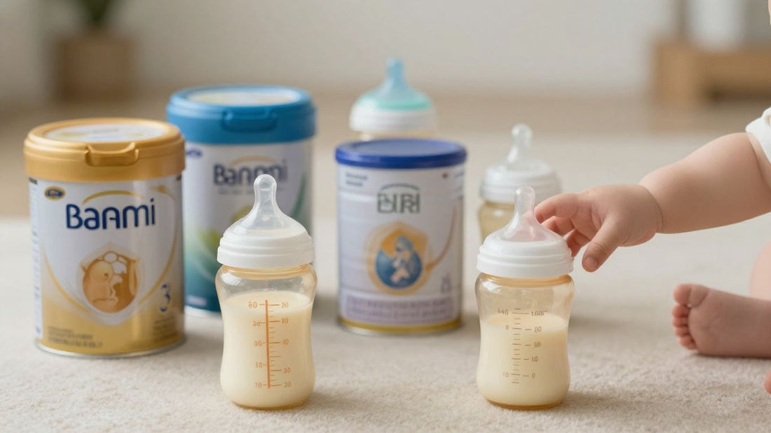Latas de fórmula para bebés y biberones.