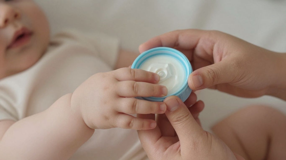 Manos de bebé sosteniendo un envase de leche de fórmula.