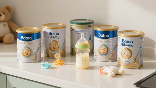 Fórmulas para bebés y biberones en una encimera de cocina.