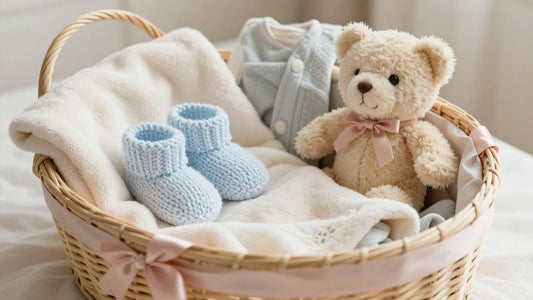 Canastilla de bebé con mantas, ropita y peluche.