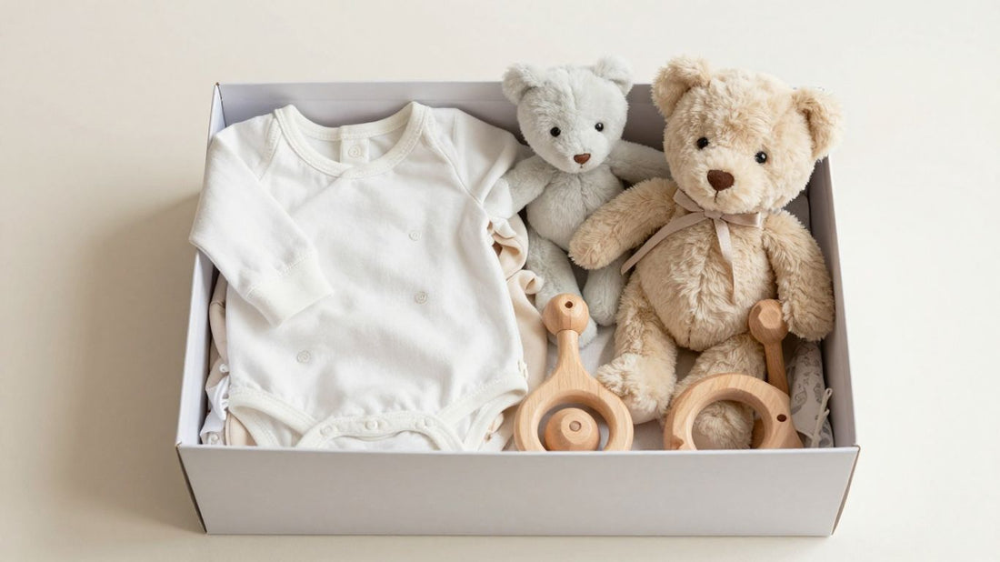 Caja de regalo para bebé con ropa y juguetes.