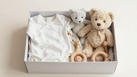 Caja de regalo para bebé con ropa y juguetes.