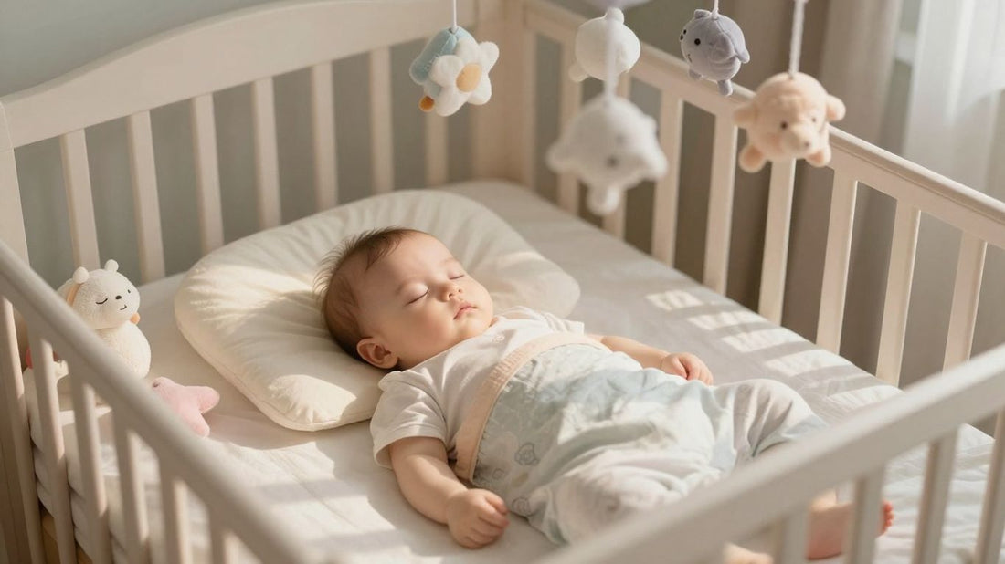 Bebé durmiendo plácidamente en su cuna con música suave.