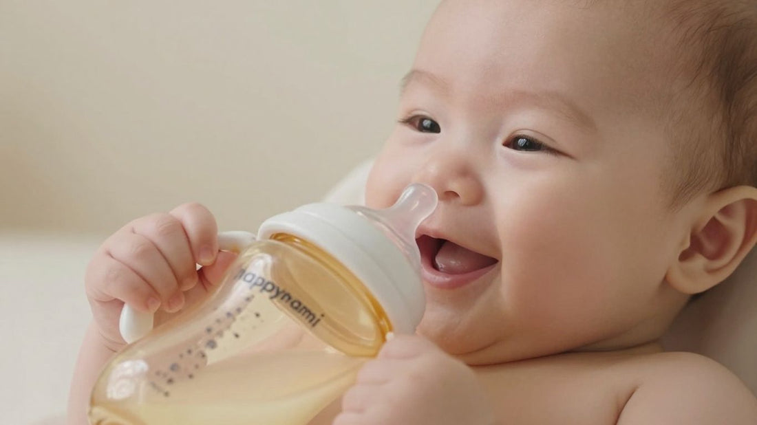 Bebé feliz con biberón Happymami.