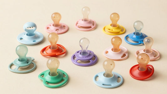 Chupetes de bebé de diferentes formas y colores.