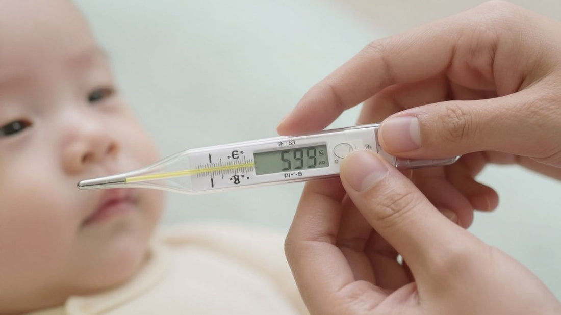Termómetro mostrando fiebre en un bebé.