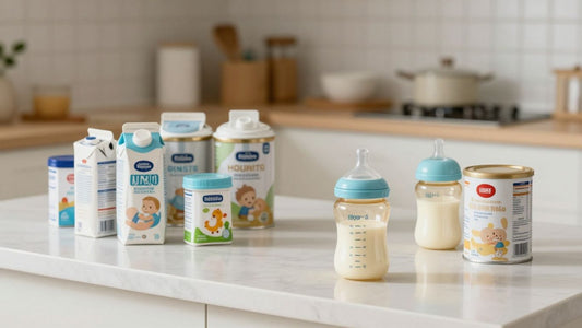 Latas de fórmula para bebés y biberones en una cocina.