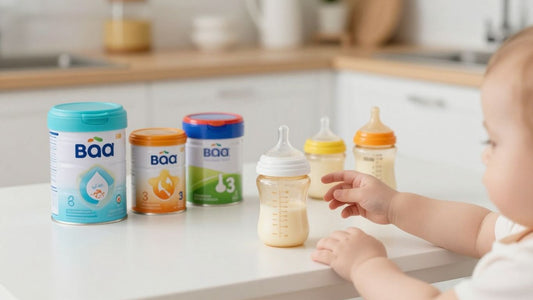 Latas de fórmula para bebés y biberones en una cocina.