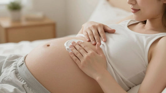 Mujer embarazada aplicando crema en su vientre.