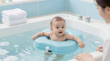 Bebé flotando en spa de agua con luz suave.