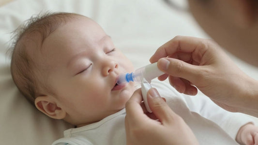 Padre usando aspirador nasal en bebé dormido.