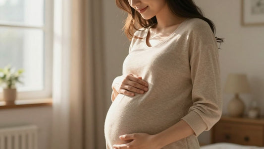 Mujer embarazada acariciando su vientre con ternura.