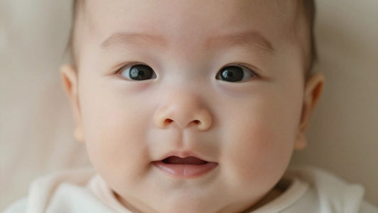 Bebé con expresión curiosa, luz suave, fondo pastel.