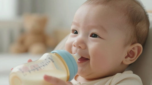Bebé sonriendo con una botella de leche.